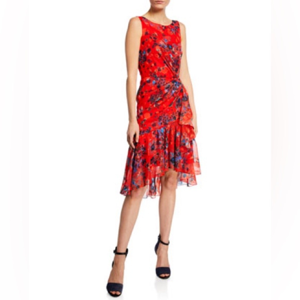 MARCHESA NOTTE Burnout Floral Print Sleeveless Chiffon Dress NEW Size 8 Red